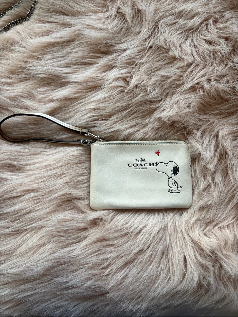 Coach Cream Leather Wristlet with Brown Trim and Silver Hardware